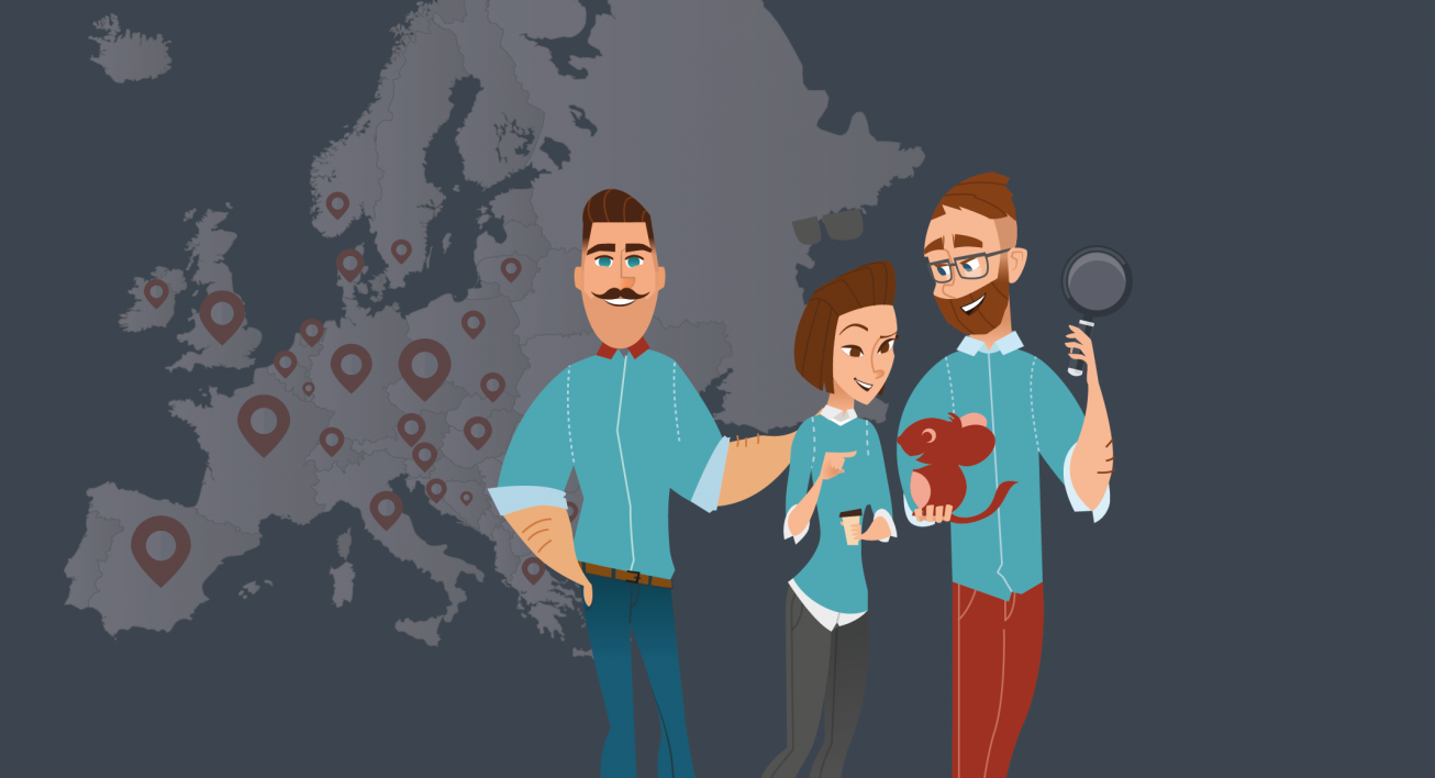 Illustration de trois smiceurs sur avec une carte d'Europe en fond